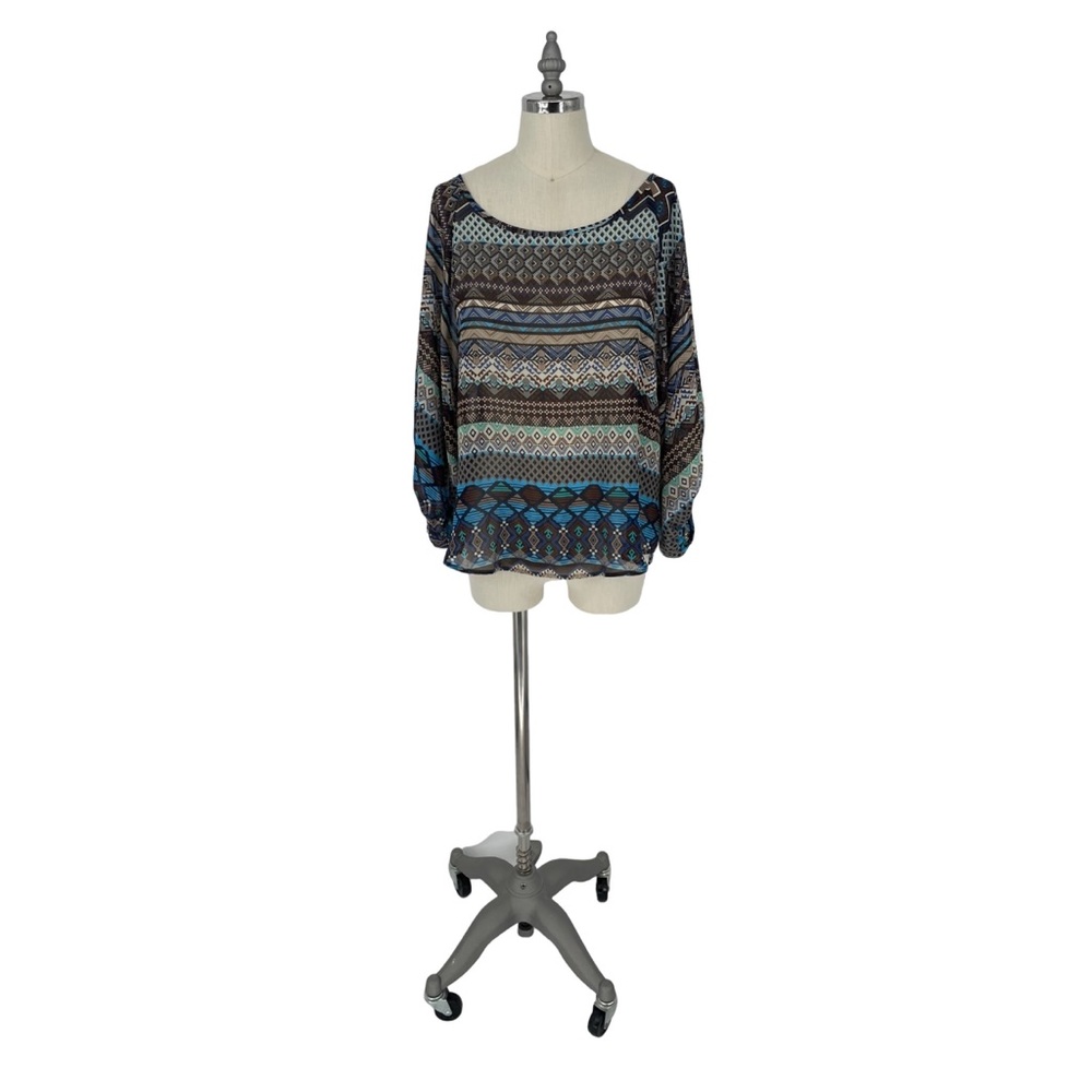 Cinnamon | Women’s Blue Multicolor Off The Shoulder Sheer Top‎ - L